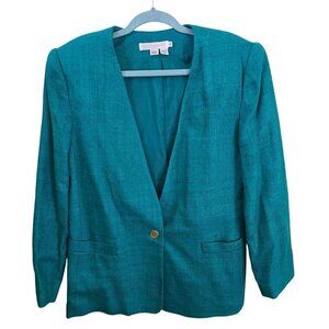 Leo Narducci Vintage Teal 100% Silk Single Breasted Collarless Blazer Size 12
